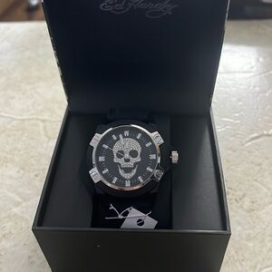 Ed Hardy men’s skull dial Matte Black silicone strap analog watch …